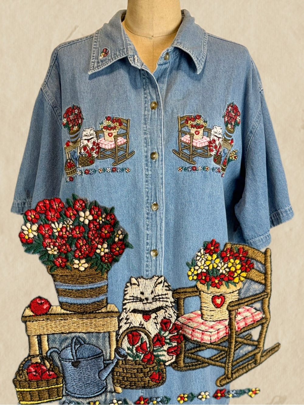 VINTAGE 80s kitty cat embroidered cotton denim button down shirt short sleeve 2X